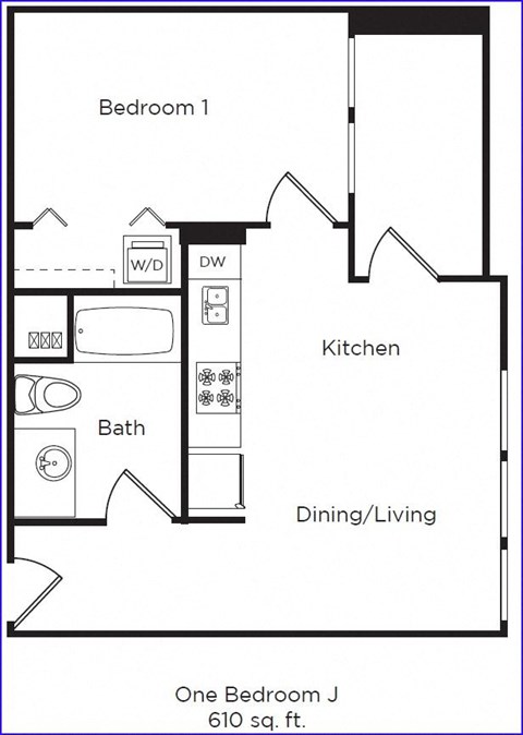 Floor plan for 1 bed, 1 bath, 610 sqft
